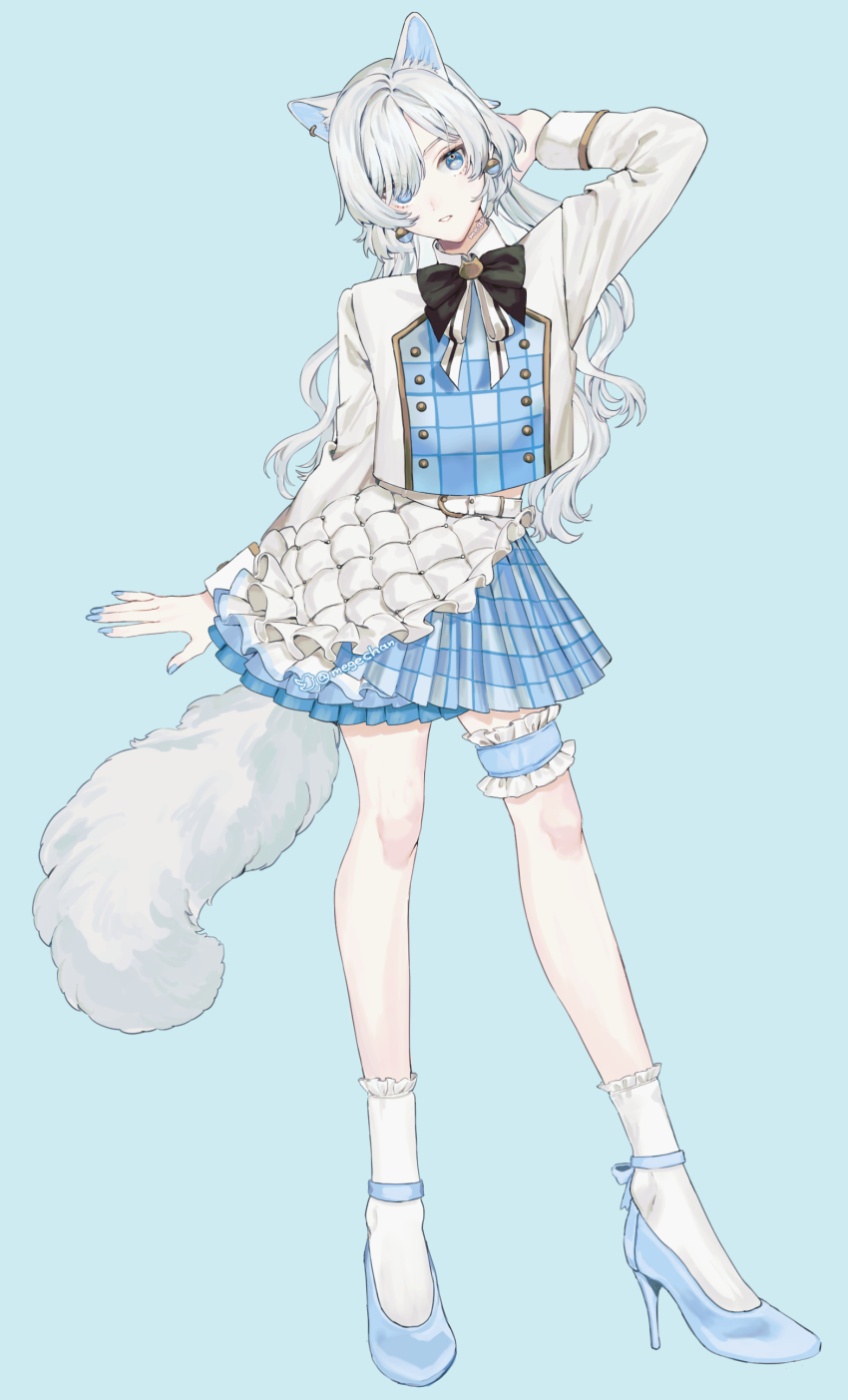 1girl absurdres animal_ears black_bow black_bowtie blouse blue_background blue_eyes blue_footwear blue_nails blue_skirt bow bowtie cat_ears cat_girl cat_tail collared_shirt commentary_request ear_piercing eyes_visible_through_hair frilled_socks frills high_heels highres leg_ribbon long_sleeves looking_at_viewer mege_(megechan) nail_polish original parted_lips piercing pleated_skirt ribbon shirt simple_background skirt socks solo tail thigh_ribbon white_shirt white_socks
