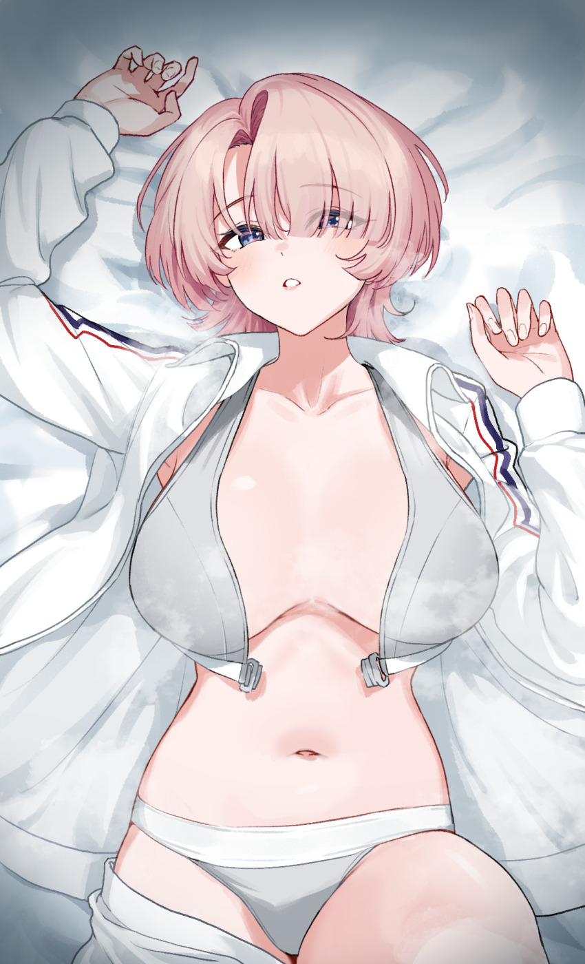 1girl arimura_mao bed_sheet bra breasts commentary_request eyes_visible_through_hair gakuen_idolmaster grey_bra grey_panties hair_over_one_eye highres idolmaster jacket large_breasts looking_at_viewer navel nonbire open_bra open_clothes open_jacket panties parted_lips pink_hair purple_eyes short_hair solo underwear white_jacket