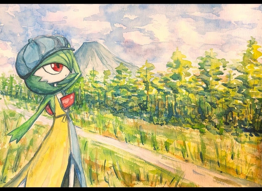 1girl arm_up blue_dress blue_hat blue_sky bob_cut cabbie_hat cloud colored_skin creatures_(company) day dress female_focus flat_chest game_freak gardevoir gardevoir_(cafe) gen_3_pokemon grass green_hair green_skin hair_over_one_eye hat keishi_(pixiv_1245064) letterboxed looking_up mountain multicolored_skin nintendo one_eye_covered open_mouth outdoors painting_(medium) path pokemon pokemon_(creature) pokemon_unite red_eyes road scenery short_hair sky sleeveless sleeveless_dress solo standing traditional_media tree two-tone_dress two-tone_skin watercolor_(medium) white_skin yellow_dress