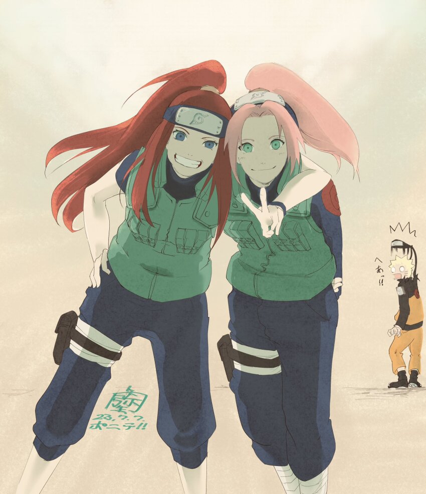 1boy 1girl 2023 ^^^ alternate_hair_length alternate_hairstyle arm_around_neck arm_around_shoulder arms_behind_back baggy_pants bandaged_leg bandages blonde_hair blue_eyes blue_hairband blue_pants brown_background dated facial_mark forehead_protector green_eyes green_jacket grin hairband hand_on_own_hip haruno_sakura highres holster hug jacket konohagakure_symbol long_hair looking_at_viewer mother_and_son naruto:_road_to_ninja naruto_(series) naruto_shippuuden nikuyayoi o_o orange_pants pants pink_hair pocket ponytail rectangular_mouth red_hair short_hair sidelocks signature sleeveless sleeveless_jacket smile spiked_hair spiral_print surprised thigh_holster uzumaki_kushina uzumaki_naruto uzumaki_symbol v very_long_hair whisker_markings