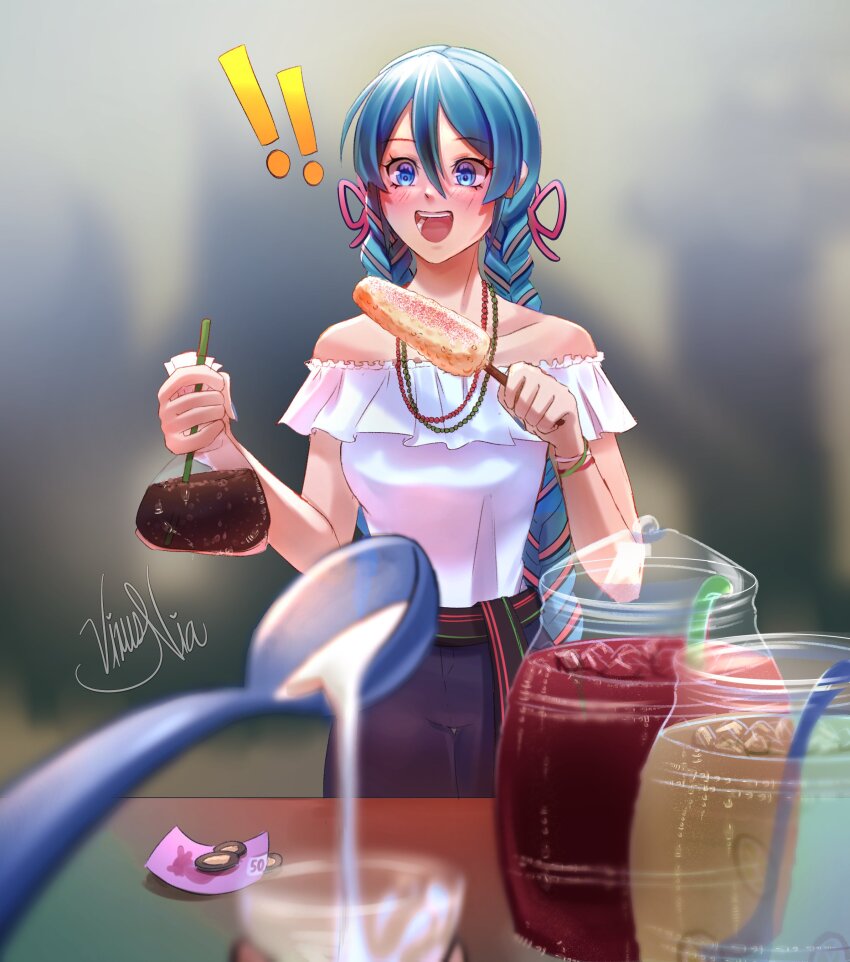 ! !! 1girl absurdres aqua_eyes aqua_hair artist_name bare_shoulders blurry blurry_background blush braid elote_(food) frilled_shirt_collar frills hair_between_eyes hatsune_miku highres jewelry latin_american_hatsune_miku_(meme) long_hair mexican_clothes mexican_dress mexico necklace off-shoulder_shirt off_shoulder pink_ribbon ribbon shadow shirt shirt_tucked_in solo spoon twin_braids very_long_hair virus_nia vocaloid white_shirt worldwide_miku