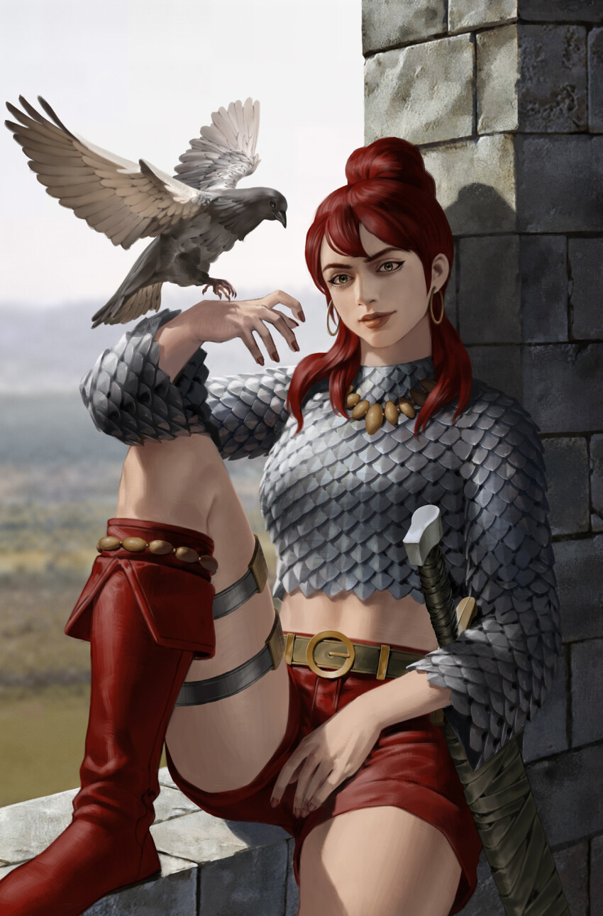 1girl armor belt bird boots day earrings green_eyes high_ponytail highres hoop_earrings jewelry long_hair looking_at_viewer midriff outdoors ponytail red_boots red_hair red_nails red_shorts red_sonja red_sonja_(comics) scale_armor short_shorts shorts sitting solo stone_wall sword weapon yoon_junggeun