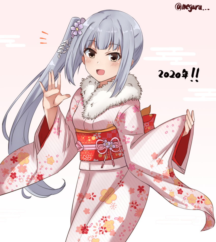 1girl 2020 brown_eyes cloud_background dated female_focus floral_print fur-trimmed_kimono fur_trim furisode grey_hair highres japanese_clothes kantai_collection kasumi_(kancolle) kimono long_hair looking_at_viewer meguru_(megurunn) pink_background pink_kimono print_kimono side_ponytail smile solo twitter_username