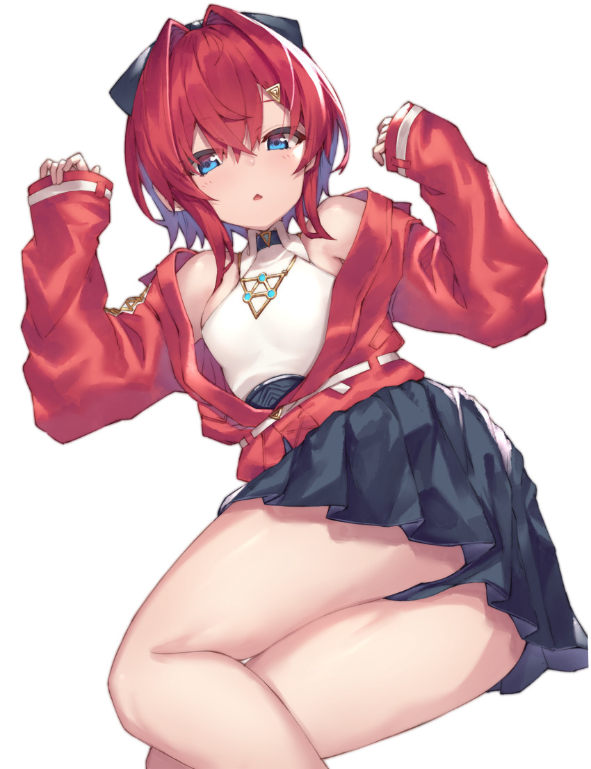 1girl absurdres ange_katrina ange_katrina_(2nd_costume) bare_shoulders belt black_bow black_shorts blue_eyes bow breasts collared_halterneck collared_shirt commentary_request crossed_bangs feet_out_of_frame gold_necklace gradient_eyes hair_between_eyes hair_bow hair_intakes hair_ornament halter_shirt halterneck hands_up highres jacket jewelry looking_at_viewer lying medium_hair multicolored_eyes necklace nijisanji open_mouth partially_open_jacket pleated_shorts purple_eyes red_hair red_jacket shirt shirt_tucked_in shorts simple_background sleeves_past_wrists small_breasts solo triangle_hair_ornament triangle_mouth virtual_youtuber white_background white_belt white_shirt yuuki_nao_(pixiv10696483)