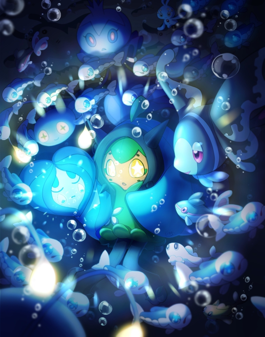 :o air_bubble blurry bubble commentary_request depth_of_field finneon fish frillish gen_4_pokemon gen_5_pokemon gen_7_pokemon glowing highres ichichi_15 knees_together_feet_apart legendary_pokemon looking_at_viewer lumineon manaphy mythical_pokemon nintendo ogerpon pokemon pokemon_(creature) star-shaped_pupils star_(symbol) symbol-shaped_pupils underwater wishiwashi yellow_eyes