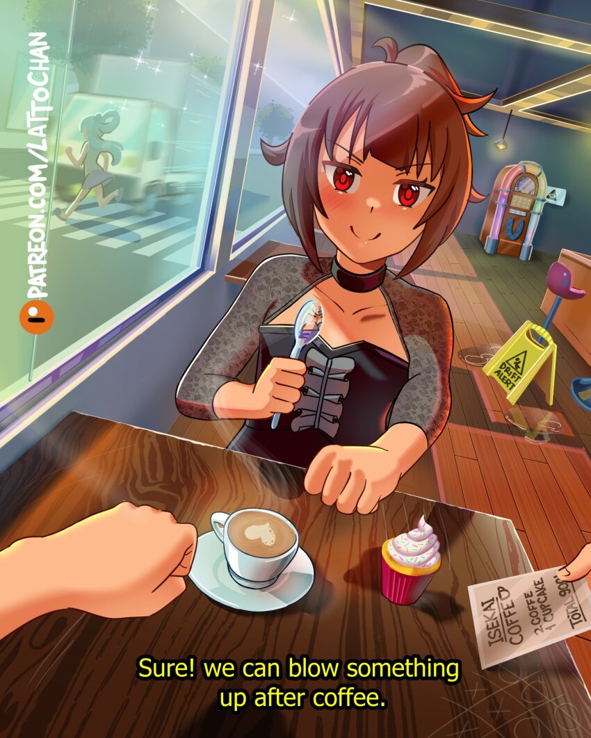 1other 2girls alternate_hairstyle aqua_(konosuba) artist_collaboration artist_name black_choker black_corset blue_hair box_truck c: choker clenched_hand coffee_mug commentary contemporary corset crosswalk cup cupcake english_commentary english_text food grey_shrug high_ponytail highres holding holding_spoon indoors isekai_truck jukebox kono_subarashii_sekai_ni_shukufuku_wo! latte_art lattochan light_rays looking_at_viewer megumin motor_vehicle mug multiple_girls patreon_logo patreon_username ponytail pov red_eyes restaurant running short_hair shrug_(clothing) smile sotekun spoon table truck v-shaped_eyebrows watermark web_address wet_floor_sign