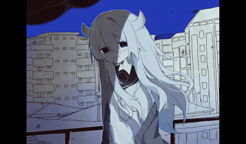 1girl arms_at_sides blue_eyes blue_sky blurry blurry_foreground blush building cardigan city commentary_request floating_hair grin half-closed_eyes highres horns isei_(iyowa) isei_ni_ikou_ne_(cevio) iyowa_girls kurage_mi404 long_hair long_sleeves looking_at_viewer necktie off_shoulder open_cardigan open_clothes outdoors partially_colored pillarboxed railing school_uniform serafuku shade shirt sky smile solo upper_body urban