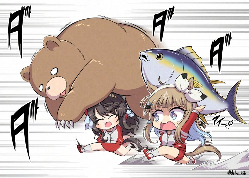 2girls almond_eye_(umamusume) animal_ears ankle_socks arms_up bear black_ribbon blue_hair blunt_bangs bow braid brown_bear brown_hair buruma closed_eyes colored_inner_hair commentary_request daring_tact_(umamusume) delraich66 fish hair_between_eyes hair_bow hair_ornament hair_ribbon hairclip highres horse_ears horse_girl horse_tail jacket long_hair motion_blur motion_lines multicolored_hair multiple_girls red_buruma red_jacket red_shoes ribbon shoes sidelocks sideways_glance single_braid sneakers socks speed_lines surprised symbol-shaped_pupils tail track_jacket translation_request tuna twitter_username umamusume unconscious white_bow wide-eyed x-shaped_pupils