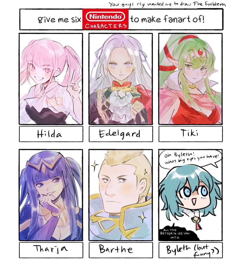 1boy 5girls ascot aubz barthe_(fire_emblem) black_jacket blue_eyes blue_hair breasts brown_eyes female_byleth_(fire_emblem) cleavage commentary edelgard_von_hresvelg english_commentary english_text fire_emblem fire_emblem:_the_binding_blade fire_emblem:_three_houses fire_emblem_awakening gold_headband green_eyes green_hair grey_hair hair_behind_ear highres hilda_valentine_goneril jacket looking_up matching_hair/eyes medium_breasts multiple_drawing_challenge multiple_girls nintendo parted_lips pink_eyes pink_hair pointy_ears ponytail six_fanarts_challenge smile sparkle speech_bubble tharja_(fire_emblem) tiki_(adult)_(fire_emblem) tiki_(fire_emblem) twintails two_side_up white_ascot