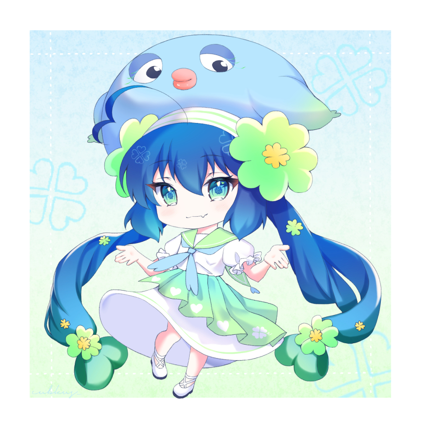 1girl :3 ahoge alternate_costume alternate_headwear animal_hat blue_background blue_hair blue_hat blue_neckerchief border chibi closed_mouth clover-shaped_pupils clover_background clover_hair_ornament clover_hat_ornament commentary_request fang frilled_sleeves frills full_body gradient_background gradient_hair green_background green_eyes green_hair green_overskirt green_sailor_collar hair_between_eyes hair_ornament hat heart heart_ahoge highres large_hat long_hair low-tied_long_hair multicolored_hair neckerchief otomachi_una overskirt puffy_short_sleeves puffy_sleeves sailor_collar shirt shiyu_(cubkus) shoes short_sleeves sidelocks skin_fang skirt smile solo symbol-shaped_pupils twintails very_long_hair vocaloid white_border white_shirt white_shoes white_skirt