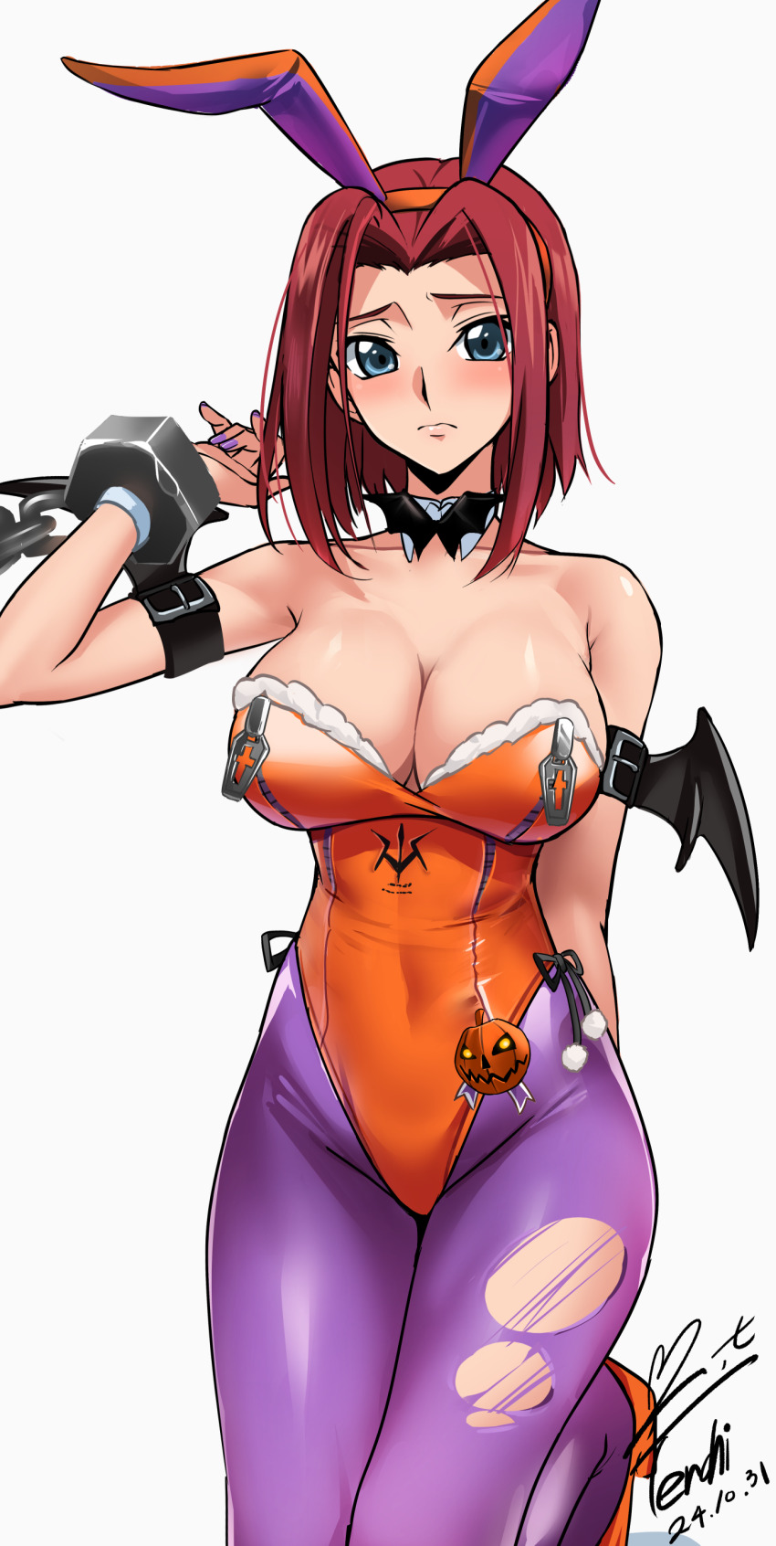 1girl 2024 absurdres animal_ears armband bare_shoulders blue_eyes bob_cut bow bowtie breasts cleavage code_geass code_geass:_genesic_re;code costume cowboy_shot dated detached_collar fake_animal_ears female_focus hairband halloween halloween_costume highleg highleg_leotard highres jack-o&#039;-lantern_ornament kouzuki_kallen large_breasts leotard looking_at_viewer orange_leotard orange_shoes pantyhose playboy_bunny purple_nails purple_pantyhose rabbit_ears rabbit_tail red_hair shoes short_hair side-tie_leotard signature solo strapless strapless_leotard tail torn_clothes torn_pantyhose wrist_cuffs yoo_tenchi zipper