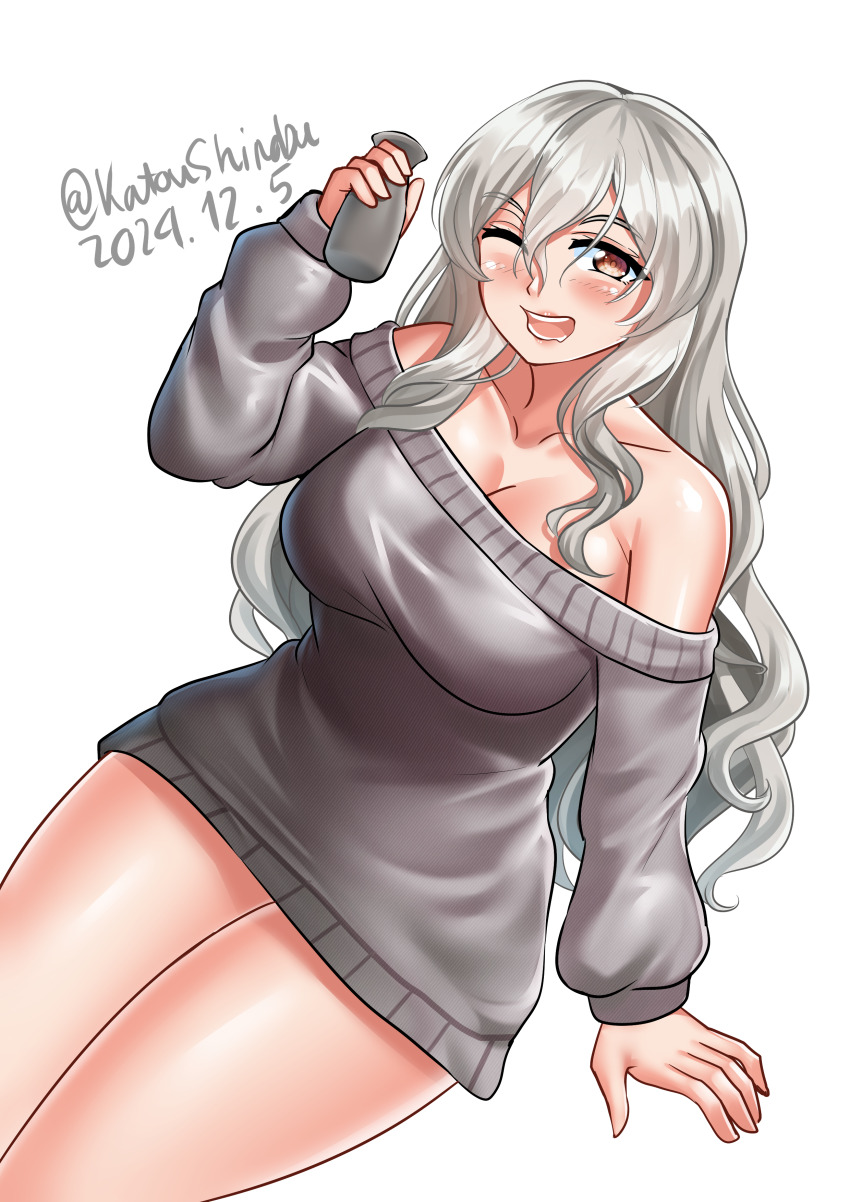 1girl absurdres bottle breasts brown_eyes commentary cowboy_shot dated dress english_commentary grey_dress grey_hair highres holding holding_bottle kantai_collection katou_shinobu large_breasts long_hair looking_at_viewer off-shoulder_dress off_shoulder official_alternate_costume one_eye_closed pola_(kancolle) pola_(saury_festival)_(kancolle) sitting smile solo sweater sweater_dress tokkuri twitter_username white_background