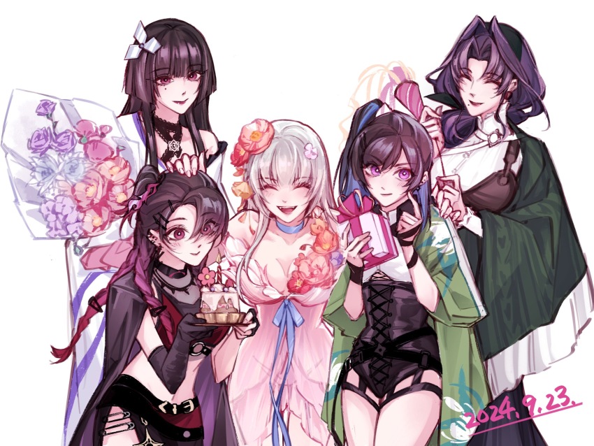 5girls arm_around_shoulder asymmetrical_gloves bare_shoulders black_cape black_hair black_leotard blue_choker blue_hair blue_ribbon blunt_bangs blunt_ends blush bouquet box breasts brooch cake candle cape carnation chinese_commentary choker cleavage closed_eyes collarbone collared_shirt colored_inner_hair commentary coquelic_(path_to_nowhere) crop_top cross-laced_clothes cross-laced_leotard curtained_hair dated dress elbow_gloves epiphyllum fingerless_gloves flower food forehead garofano_(path_to_nowhere) gekkabijin_(path_to_nowhere) gift gift_box gloves gradient_hair green_haori green_shawl hair_flower hair_intakes hair_ornament hair_over_one_eye hand_on_another&#039;s_head hand_on_another&#039;s_shoulder haori highres hime_cut holding holding_bouquet holding_gift holding_plate japanese_clothes jewelry kimono leather_apron leotard long_hair midriff mismatched_gloves mole mole_under_eye mole_under_mouth multicolored_hair multiple_girls navel official_alternate_costume one_side_up open_mouth party_popper path_to_nowhere pink_dress pink_hair plate poppy_(flower) procreate_(medium) purple_eyes purple_flower purple_hair quad_braids red_eyes red_flower red_shirt ribbon shirt shuriken_hair_ornament simple_background single_bare_shoulder single_elbow_glove single_off_shoulder smile streaked_hair sumire_(path_to_nowhere) swept_bangs thistle_(path_to_nowhere) white_background white_flower white_hair white_kimono white_shirt wubeinai_miao_shiye
