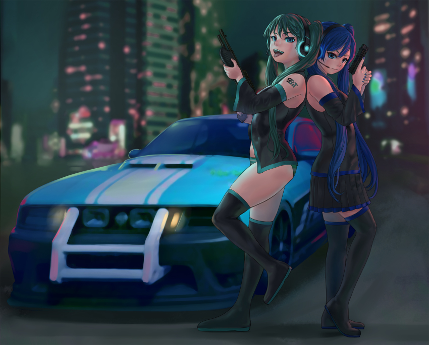 00s 2girls all_points_bulletin blue_eyes blue_hair blue_nails boots car city dual-mode_shotgun ford_mustang ford_mustang_s197 gun h&amp;k_usp handgun hatsune_miku headphones headset heckler_&amp;_koch highres lasterk long_hair motor_vehicle multiple_girls muscle_car mustang nail_polish no_pants panties pistol pump-action_shotgun pump_action semi-automatic_shotgun shotgun spas-12 thigh_boots thighhighs tongue tongue_out trigger_discipline twintails underwear vehicle_focus vocaloid weapon