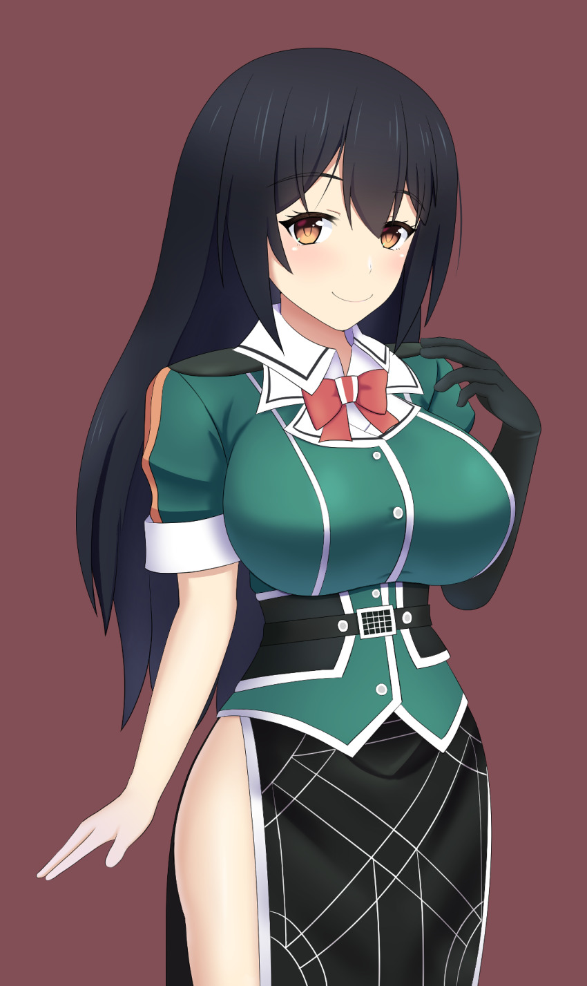 black_gloves black_hair black_skirt bow bowtie breasts brown_background brown_eyes chikuma_(kancolle) chikuma_kai_ni_(kancolle) collared_shirt cowboy_shot elbow_gloves gloves hair_between_eyes highres jacket kantai_collection large_breasts long_hair long_skirt pelvic_curtain puffy_short_sleeves puffy_sleeves shirt short_sleeves side_slit simple_background single_elbow_glove single_glove skirt sumiboshi_(zatsuha)