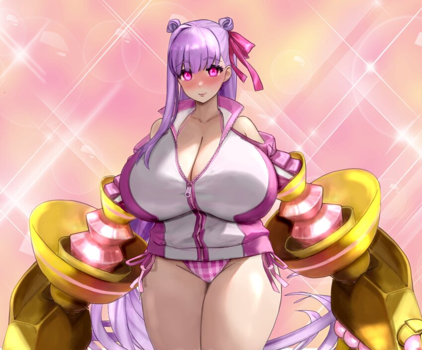 1girl absurdres bare_shoulders bikini blush breasts claw_(weapon) cleavage clothing_cutout fate/grand_order fate_(series) hair_ribbon highres huge_breasts jacket long_hair long_sleeves looking_at_viewer passionlip_(celeb_summer_experience_swimsuit)_(fate) passionlip_(fate) pink_bikini pink_eyes pink_jacket pink_ribbon purple_hair raskasar ribbon shoulder_cutout smile solo sparkle swimsuit thighs very_long_hair weapon