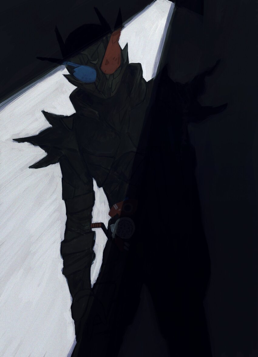 1boy absurdres armor belt black_armor black_bodysuit blue_eyes bodysuit build_driver compound_eyes debris rider_belt fullbottle hazard_trigger helmet highres kamen_rider kamen_rider_build kamen_rider_build_(series) leaning_to_the_side m1ontee male_focus rabbit+tank_form_(black_hazard) red_eyes rider_belt shoulder_armor signature solo spiked_armor spikes