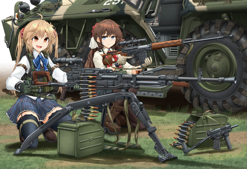 2girls absurdres ahoge ammunition_box ammunition_pouch armored_personnel_carrier armored_vehicle black_thighhighs blonde_hair blue_bow blue_bowtie blue_eyes blue_skirt boots bow bowtie brown_boots brown_hair brown_pants brown_shoes closed_mouth collared_shirt commentary_request day dragunov_svd dress_shirt gloves grass green_gloves gun hair_between_eyes hair_ribbon heavy_machine_gun highres holding holding_gun holding_weapon knee_boots load_bearing_vest loafers long_hair long_sleeves looking_at_another machine_gun mikeran_(mikelan) military_vehicle motor_vehicle multiple_girls nsv on_one_knee open_mouth original outdoors pants plaid_clothes plaid_skirt pleated_skirt pouch pp-91_kedr red_bow red_bowtie ribbon rifle school_uniform scope shirt shoes skirt smile sniper_rifle submachine_gun sweatdrop tactical_school_uniform thighhighs trigger_discipline twintails v-shaped_eyebrows very_long_hair weapon white_ribbon white_shirt