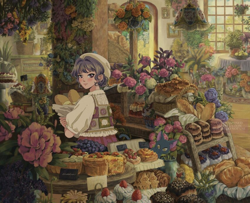 animal bakery black_cat bread cake cat commentary commission cupcake donut english_commentary english_text eniddin flower food frills fruit grey_hair hanging_plant hat holding holding_food loaded_interior looking_at_viewer market original pie pink_flower puffy_sleeves shop strawberry table vase vest window