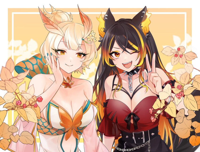 2girls animal_ears bare_shoulders belt black_belt black_bow black_collar black_hair black_skirt blonde_hair blue_nails bow breasts chain cleavage collar collarbone dress earrings feather_hair_ornament feathers fiery_ears flower hair_flower hair_ornament highres indie_virtual_youtuber jewelry large_breasts leaf long_hair multicolored_hair multiple_girls nm_tk one_eye_closed open_mouth orange_hair red_nails ring sanagi_yuzu second-party_source short_hair sinder_(vtuber) sinder_(vtuber)_(sinder_2.0) skirt smile spiked_belt spiked_collar spikes v virtual_youtuber white_dress wolf_ears wolf_girl yellow_eyes yellow_flower