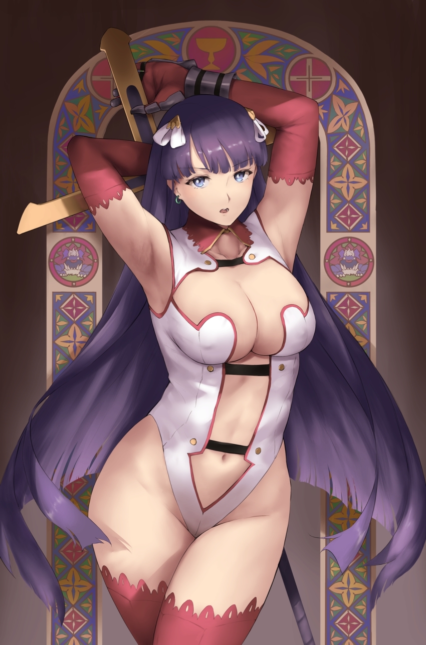 1girl armpits arms_behind_head arms_up blue_eyes breasts center_opening cleavage den_(kur0_yuki) earrings elbow_gloves fate/grand_order fate_(series) gloves hair_ribbon highleg highleg_leotard highres jewelry large_breasts leotard long_hair looking_at_viewer martha_(fate) navel parted_lips purple_hair red_gloves red_thighhighs revision ribbon smile solo staff thighhighs thighs white_leotard