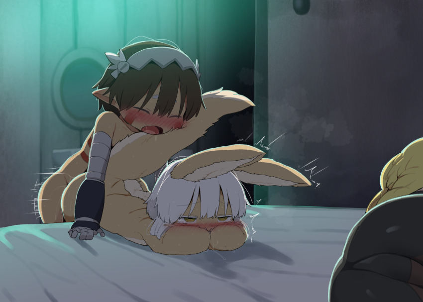 1boy 2girls animal_ears body_fur dagasi furry furry_female furry_with_non-furry hetero highres indoors interspecies loli made_in_abyss multiple_girls nanachi_(made_in_abyss) reg_(made_in_abyss) riko_(made_in_abyss) sex sex_from_behind shota uncensored white_hair