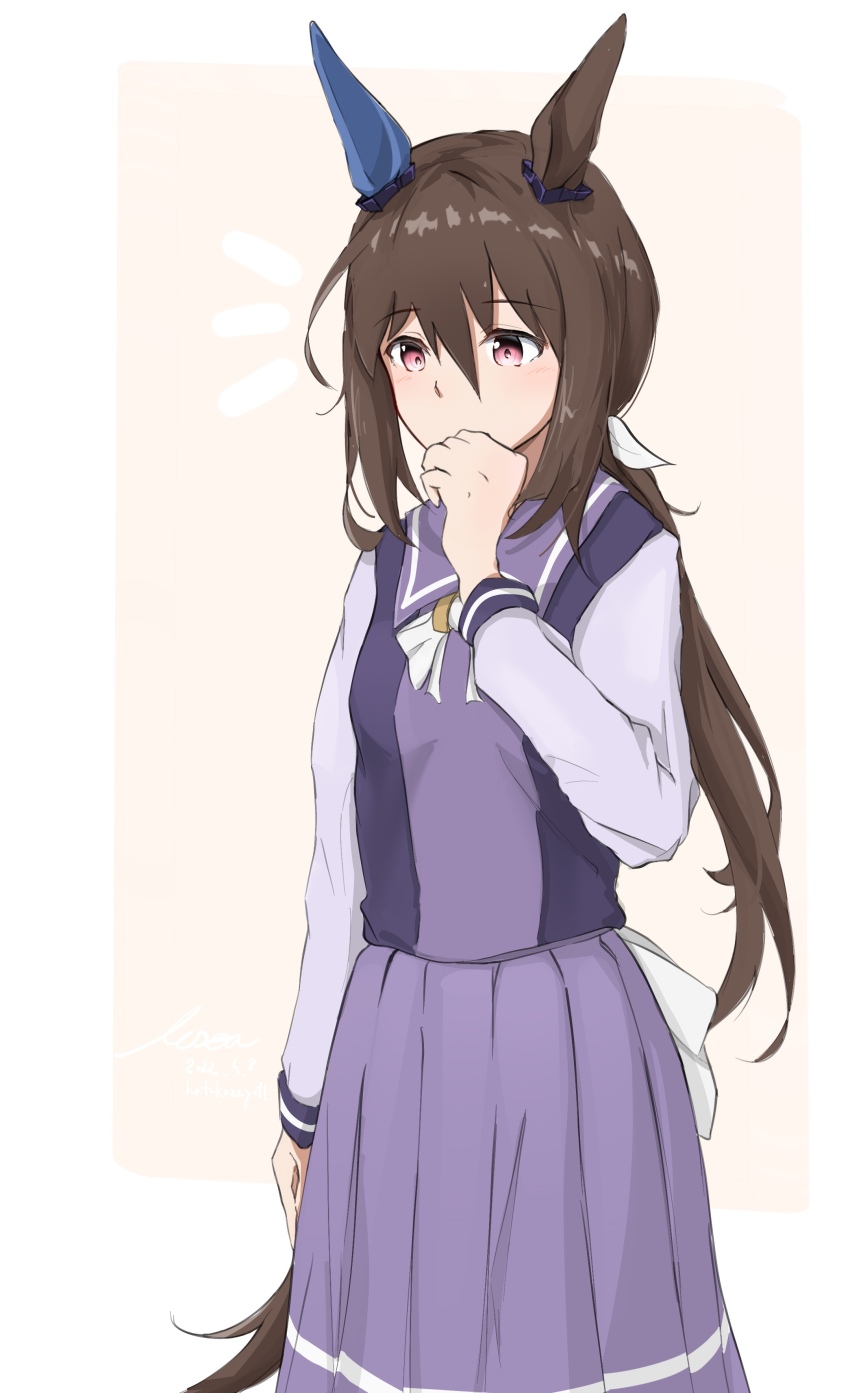 1girl absurdres admire_vega_(umamusume) animal_ears back_bow border bow bowtie brown_hair dated ear_covers hair_between_eyes hair_ribbon highres horse_ears horse_girl horse_tail large_bow lesoa long_hair long_sleeves low_ponytail pink_eyes pleated_skirt ponytail purple_shirt purple_skirt ribbon sailor_collar sailor_shirt school_uniform shirt signature simple_background single_ear_cover skirt solo tail tracen_school_uniform twitter_username umamusume white_border white_bow white_bowtie white_ribbon
