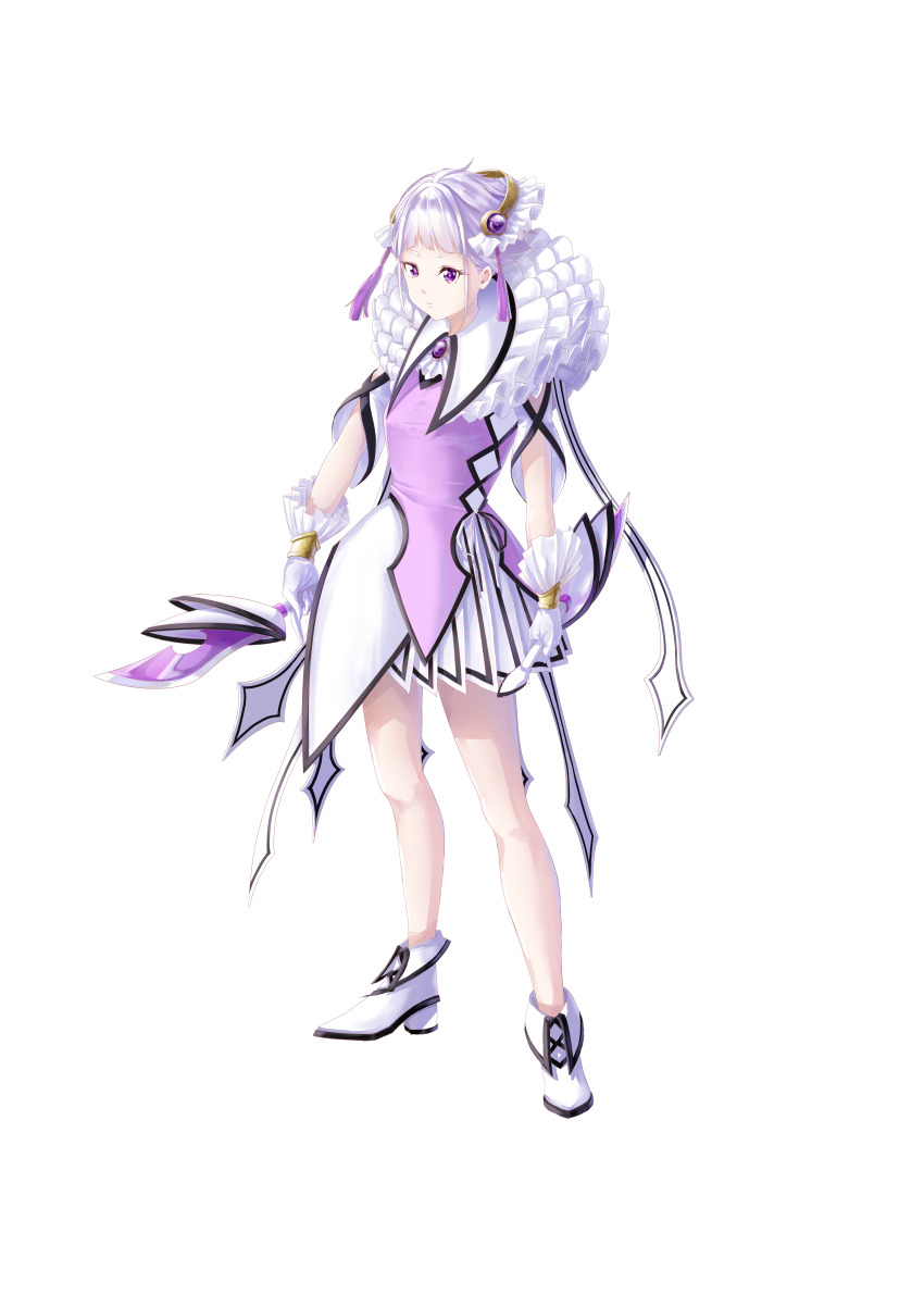 1girl absurdres ascot commentary_request dress full_body gloves grey_hair highres holding original purple_brooch purple_dress purple_eyes rissenka shoes simple_background solo standing tassel v-shaped_eyebrows white_ascot white_background white_gloves white_shoes