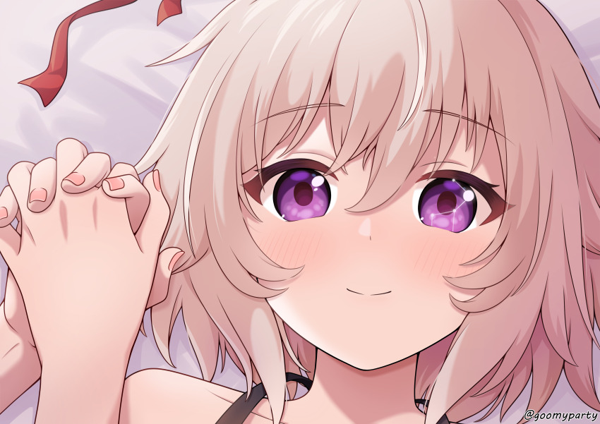 1girl 1other absurdres bed_sheet brown_hair closed_mouth collarbone commentary_request constellation curren_chan_(umamusume) goom_(goomyparty) hair_between_eyes highres holding_hands interlocked_fingers looking_at_viewer lying lyra_(constellation) on_back partial_commentary pink_nails portrait purple_eyes smile solo_focus twitter_username umamusume