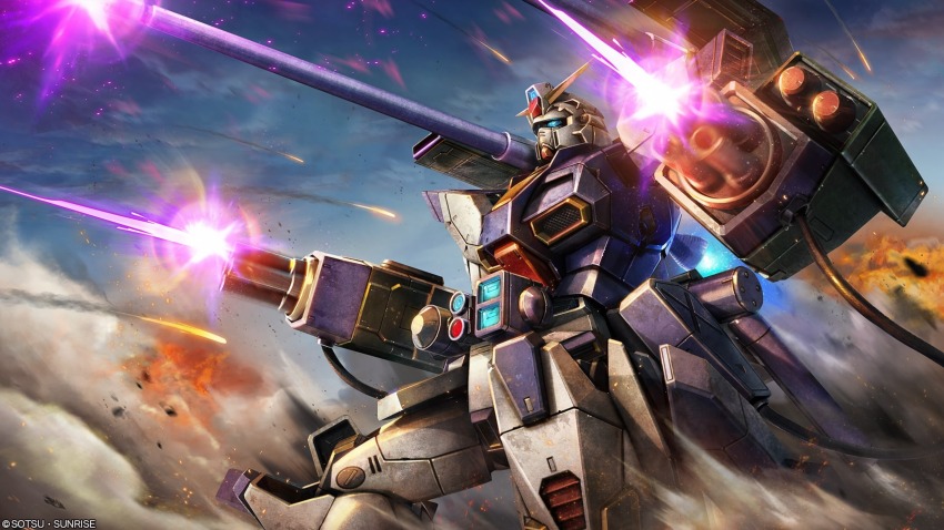 absurdres arm_cannon artist_request battle beam_cannon cable copyright_logo energy_beam f90_gundam gatling_gun gundam gundam_battle_operation_2 gundam_f90 highres machinery mecha mecha_focus missile_pod mobile_suit no_humans realistic robot science_fiction shoulder_cannon sunrise_(company) v-fin weapon