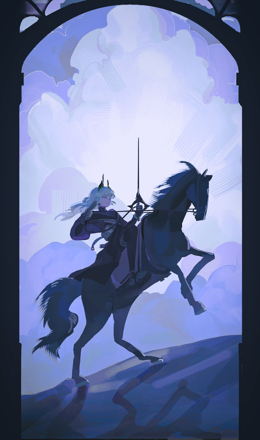 1girl arknights black_dress blue_eyes cloud dress head_wings highres holding holding_reins holding_sword holding_weapon horse horseback_riding irene_(the_adjudicatrix_and_her_resolve)_(arknights) morninorth pantyhose rapier reins riding shirt sword turtleneck turtleneck_shirt variant_set weapon white_hair wings