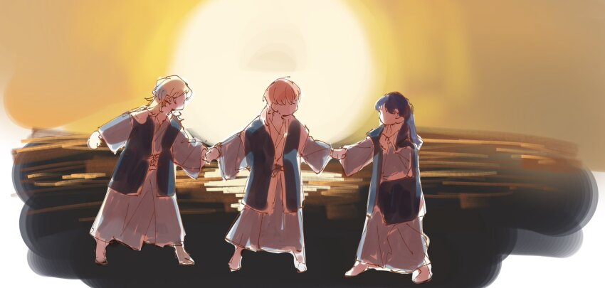 3girls black_happi blonde_hair blue_hair faceless faceless_female full_body highres hinoshita_kaho holding_hands japanese_clothes kimono l9525 link!_like!_love_live! long_hair long_sleeves love_live! medium_hair multiple_girls murano_sayaka orange_hair osawa_rurino seeno_de!_hasu_no_sora! sketch standing sunset white_kimono