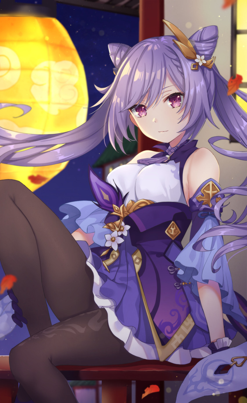 1girl bare_shoulders blurry braid breasts brown_pantyhose closed_mouth cone_hair_bun depth_of_field detached_sleeves dress floating_hair genshin_impact hair_bun hair_ornament highres keqing_(genshin_impact) knee_up kon_(k0n16) lantern long_hair looking_at_viewer medium_breasts pantyhose paper_lantern pink_eyes purple_dress purple_hair sitting solo twintails