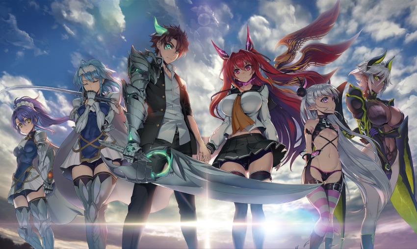 10s 1boy 5girls aqua_hair blue_hair breasts cleavage demon demon_girl demon_horns green_eyes highres horns large_breasts long_hair multiple_girls naruse_maria naruse_mio navel nonaka_kurumi nonaka_yuki pink_eyes red_eyes red_hair shinmai_maou_no_testament siblings silver_hair sisters toujou_basara yellow_eyes zest