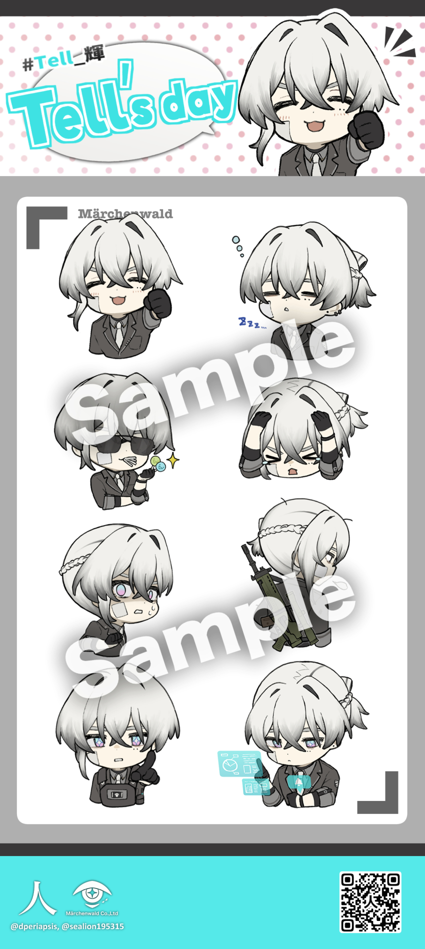 &gt;_&lt; 1girl :3 :d =_= ^_^ absurdres artist_name black_gloves blue_eyes blush bracelet braid bulletproof_vest candy character_name chibi chibi_only clenched_hand closed_eyes closed_mouth collared_shirt commentary_request cropped_torso crossed_bangs dress_shirt ear_piercing earrings english_text expressionless eye_print fist_pump folded_ponytail food food_in_mouth gauze gauze_on_cheek gloves gradient_hair grey_hair grey_shirt hair_between_eyes hair_intakes half_up_braid hands_on_own_head happy hashtag highres holding holding_candy holding_food holding_lollipop holographic_interface holographic_monitor holographic_touchscreen index_finger_raised jewelry lapels lollipop mole mole_under_eye mouth_hold multicolored_eyes multicolored_hair multiple_expressions multiple_moles multiple_views necktie notched_lapels notice_lines open_mouth original piercing pointing pointing_at_viewer polka_dot ponytail profile purple_eyes qr_code sample_watermark seallllion shaded_face shirt short_ponytail simple_background smile speech_bubble star-shaped_pupils star_(symbol) stud_earrings sunglasses sweatdrop symbol-shaped_pupils tell_(seallllion) twitter_username two-tone_eyes unkempt v-shaped_eyebrows vrchat watermark white_background white_hair white_necktie wing_collar zzz