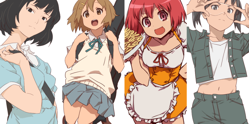 4girls adjusting_eyewear akashi_(yojouhan) amasawa_yuuko aonori_misuji apron arms_up bag between_breasts black_eyes black_hair black_socks blue_dress bob_cut breasts brown_eyes brown_hair collared_shirt commentary_request crossover dennou_coil dot_nose dress food french_fries glasses green_jacket green_shorts grey_skirt hair_ornament hairclip handbag hirasawa_yui instrument_case jacket jumping k-on! kushieda_minori loafers looking_at_viewer midriff mole mole_under_eye multiple_girls navel neck_ribbon open_clothes open_jacket open_mouth pleated_skirt red_eyes red_hair ribbon sakuragaoka_high_school_uniform school_uniform shirt shoes short_hair short_sleeves shorts skirt socks toradora! tray vest waist_apron waitress white_shirt yojouhan_shinwa_taikei