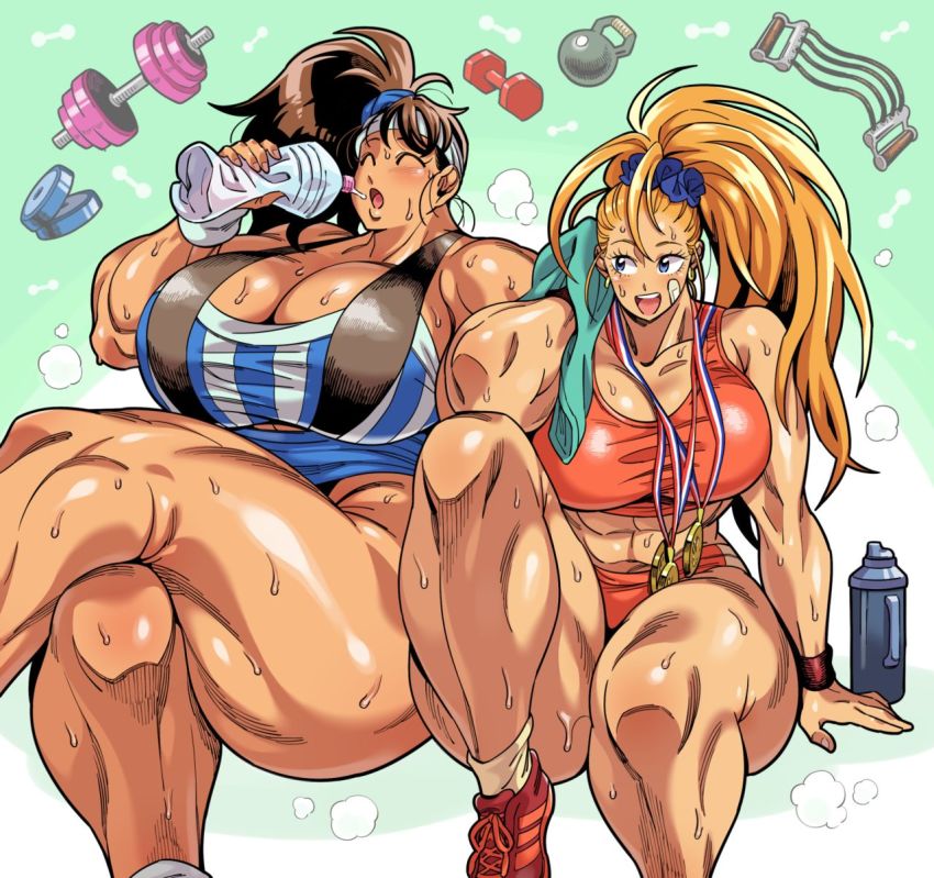 2girls abs ass bandages bare_shoulders black_widow_(muscle_bomber) blue_eyes breasts brown_hair captain_mizuki cleavage_cutout closed_eyes clothing_cutout crossed_legs doboshiru drinking exercising gym_shirt gym_shorts gym_uniform happy highres huge_ass huge_breasts large_breasts looking_at_another medal multiple_girls muscle_bomber muscular muscular_arms muscular_female muscular_legs one-punch_man orange_hair original shirt shoes shorts sweat sweatdrop tall_female tan thick_thighs thighs towel