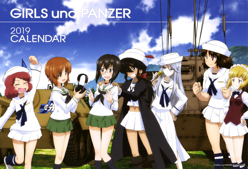 10s 6+girls :d absurdres arms_up black_legwear blouse blue_sky blunt_bangs bow bow_choker bowtie brown_eyes brown_hair calendar_(medium) cape choker clenched_hand closed_eyes copyright_name cutlass_(girls_und_panzer) dark-skinned_female dark_skin day english_text flag flag_on_vehicle flint_(girls_und_panzer) girls_und_panzer grass grey_eyes grey_hair hair_over_one_eye hand_on_own_hip hands_on_own_hips hat hat_feather headphones highres kawashima_momo maid maid_headdress mark_iv_tank mark_v_(tank) microphone midriff military military_vehicle miniskirt motor_vehicle mountain multiple_girls murakami_(girls_und_panzer) neckerchief nishizumi_miho ogin_(girls_und_panzer) ooarai_school_uniform open_mouth outdoors panzer_38(t) pipe_in_mouth ponytail red_hair rum_(girls_und_panzer) sailor sailor_hat school_uniform serafuku shirt skirt sky sleeves_rolled_up smile smoking_pipe socks standing standing_on_one_leg tank title_page white_hat white_shirt
