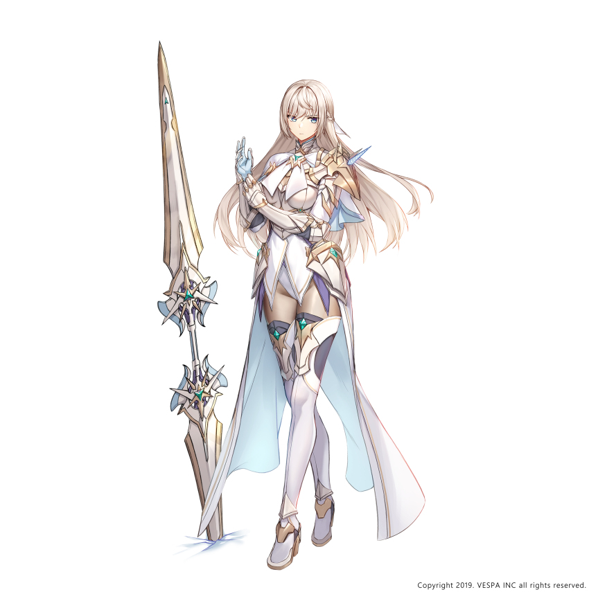 1girl absurdres armor blue_dress blue_eyes boots brown_hair commentary double_blade dress full_body gauntlets high_heel_boots high_heels highres hilda_(king&#039;s_raid) king&#039;s_raid long_hair milyu official_alternate_costume official_art pantyhose shoulder_armor simple_background solo thigh_boots two-sided_dress two-sided_fabric weapon white_background white_boots white_dress