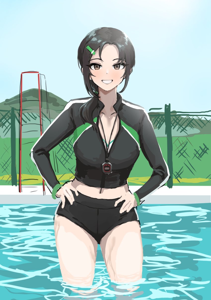 1girl absurdres aoki_kei black_hair chain-link_fence collarbone fence grin hands_on_own_hips highres idolmaster idolmaster_cinderella_girls looking_at_viewer navel outdoors pool rash_guard aoki_kei side_ponytail smile solo stopwatch stopwatch_around_neck trainer_(idolmaster) ushimochi wading watch