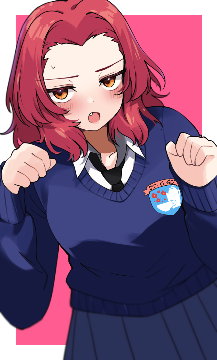 1girl absurdres black_necktie blue_skirt blue_sweater blush collared_shirt commentary_request emblem fang girls_und_panzer highres miniskirt necktie orange_eyes paw_pose pink_hair red_hair rosehip_(girls_und_panzer) school_uniform selfie shirt short_hair skirt st._gloriana&#039;s_(emblem) st._gloriana&#039;s_school_uniform sweatdrop sweater white_shirt zono_(inokura_syuzo029)