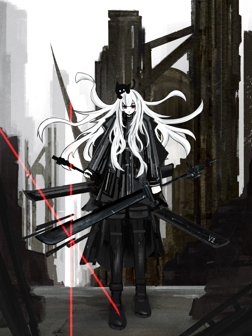 1girl absurdres animal animal_on_head cat full_body highres holding holding_sword holding_weapon long_hair looking_to_the_side on_head original red_eyes riz_kira solo spot_color standing sword weapon white_hair