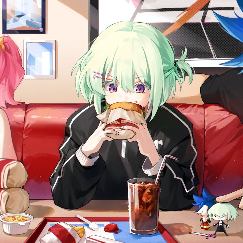 1girl 2boys aina_ardebit bendy_straw black_jacket burger chibi cola drinking_straw eating fast_food food french_fries galo_thymos glass green_hair hair_ornament hairpin highres holding holding_food jacket lio_fotia multiple_boys out_of_frame picture_frame prmattotia promare purple_eyes short_hair side_ponytail sitting soda solo_focus trap tray