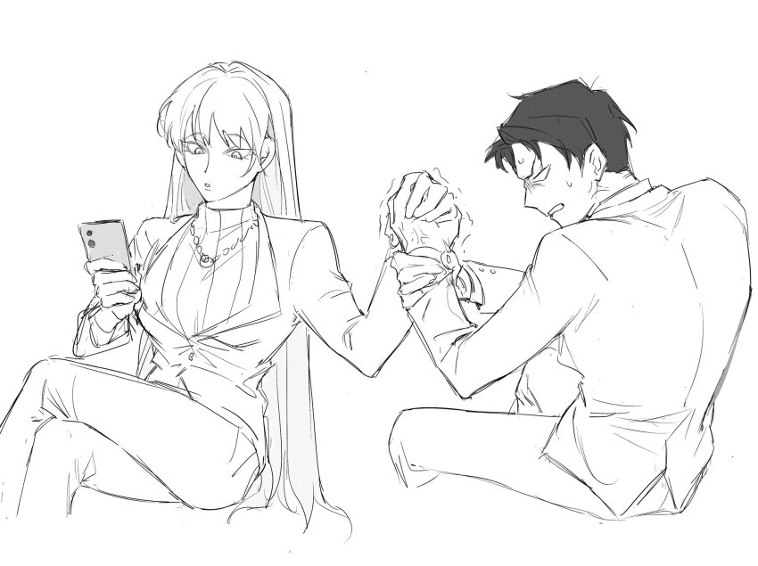 1boy 1girl angelica_(project_moon) arm_wrestling cellphone chinese_commentary clenched_teeth commentary_request crossed_legs formal_clothes greyscale hands_up highres holding holding_phone husband_and_wife jacket jewelry kuchidesha lapels library_of_ruina monochrome necklace pants parted_bangs phone project_moon ribbed_sweater roland_(project_moon) smartphone suit sweater teeth