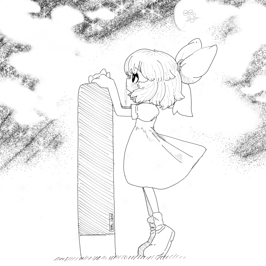 1girl absurdres blush bow cirno closed_mouth commentary_request cookie_(touhou) dress expressionless full_body greyscale hair_bow highres looking_afar micha_(cookie) monochrome muimui_(4242564muimui) profile puffy_short_sleeves puffy_sleeves shoes short_hair short_sleeves snot socks solo standing tiptoes touhou