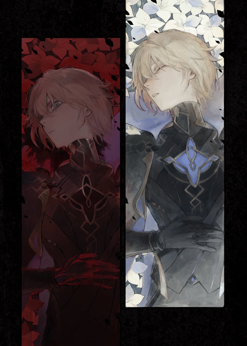 1boy absurdres black_bodysuit black_gloves blonde_hair blood blood_on_clothes blood_on_hands bodysuit closed_eyes closed_mouth dainsleif_(genshin_impact) flower genshin_impact gloves gold_trim highres inteyvat_flower_(genshin_impact) kaimochi0839 looking_to_the_side lying multiple_views on_back sleeping white_flower wide-eyed