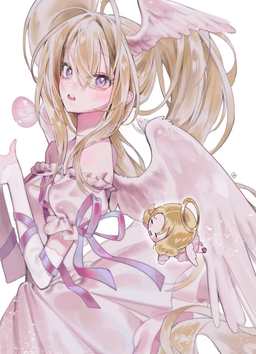 2girls blonde_hair commentary_request cowboy_shot dbhearts2 el_(shugo_chara!) elbow_gloves gloves guardian_chara hair_between_eyes halo heart&#039;s_egg_(shugo_chara!) highres hoshina_utau korean_commentary multiple_girls open_mouth pink_ribbon purple_eyes ribbon seraphic_charm shugo_chara! sidelocks simple_background teeth twintails upper_teeth_only white_background wings