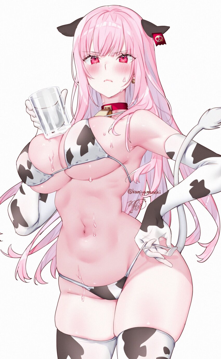 absurdres animal_ears animal_print bell bikini blush choker cow_ears cow_print cow_print_bikini cow_print_gloves cow_print_thighhighs cow_tail cowbell cup earrings glass gloves highres holding holding_cup hololive hololive_english holomyth jewelry kamiya_maneki long_hair mori_calliope neck_bell pink_eyes pink_hair print_bikini print_gloves print_thighhighs signature simple_background swimsuit tagme tail thighhighs virtual_youtuber
