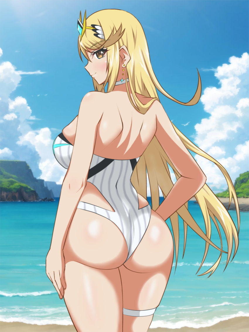 ass back back_focus hata_(pixiv10403940) highleg highres looking_back mythra_(radiant_beach)_(xenoblade) mythra_(xenoblade) swimsuit xenoblade_chronicles_(series) xenoblade_chronicles_2