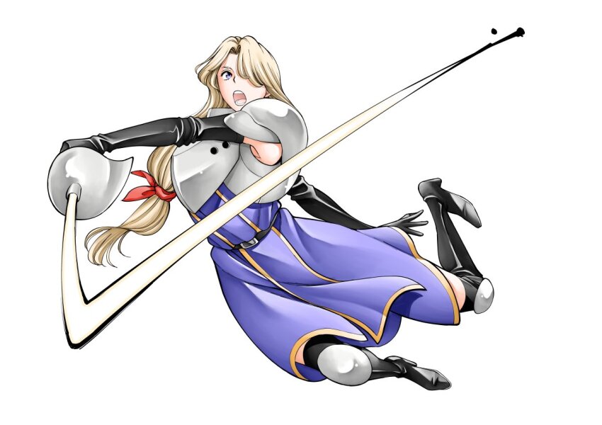 1girl armor attack black_gloves blonde_hair blue_eyes boots breastplate breasts charlotte_christine_de_colde elbow_gloves gloves hair_over_one_eye holding holding_sword holding_weapon kazeya_kazuya knee_pads legs long_hair pauldrons rapier samurai_spirits shoulder_armor snk solo sword thighhighs thighs weapon